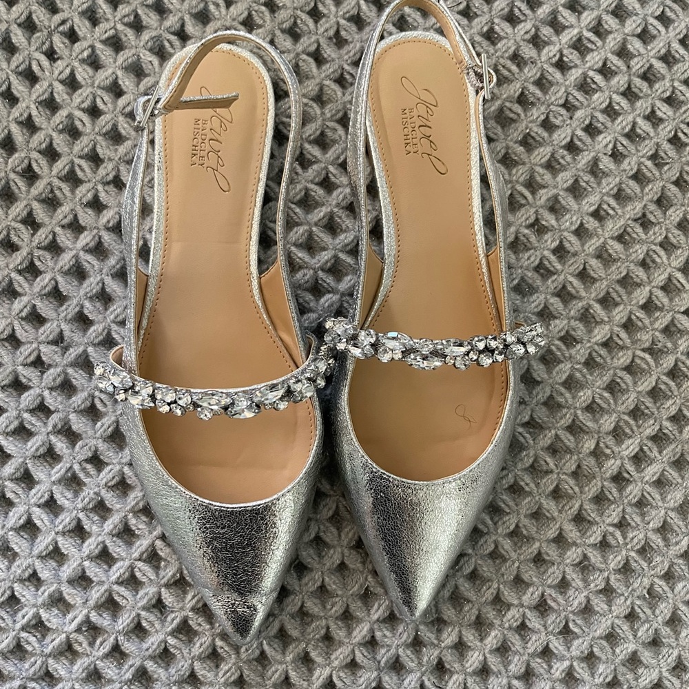 Badgley Mischka silver flat slingbacks